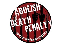 [ai] A circular sticker with a red background featuring the text "ABOLISH THE DEATH PENALTY" in bold white letters. The design includes a graphic of hands gripping bars, symbolizing imprisonment. The website www.discoverhumanrights.org is shown at the bottom.